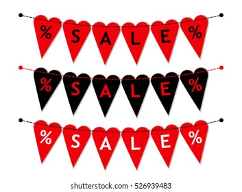 Eye catching set of heart shaped Valentines Day SALE bunting flags as different bright garlands with percent symbols