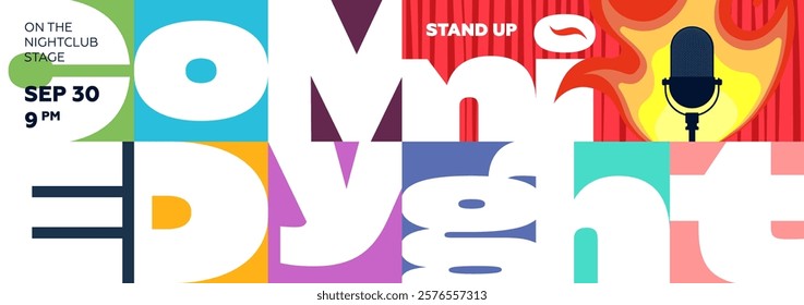 Eye catching stand up comedy night template with abstract visuals, creative typography and entertainment elements. Suitable for open mic contests, festivals and theatrical performances.