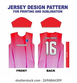 Blickfang Sublimation Jersey Design mit einem lebendigen roten und rosa Farbverlauf gestreift Muster. Enthält eine Vorlage für den Sponsor, den Namen und die Nummer (wie 16). Ideal für Mannschaftssportarten mit hoher Energie. Gestreift