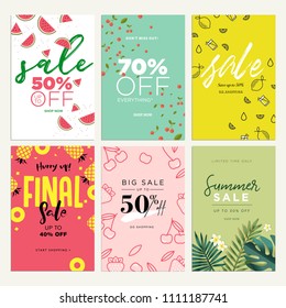 Eye catching summer sale mobile banners, ads and posters collection. Vector illustrations concept for shopping, e-commerce, internet advertising, social media ads and banners, marketing material.