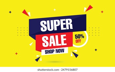 Eye catching SUPER SALE banner template design with a vibrant yellow background, offering 50% off  perfect for enticing shoppers to act now!