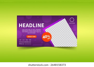Eye catching vibrant purple banner with discount label, perfect for any promotion