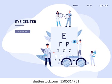 Eye Center - Flat Landing Page Banner For Ophthalmologist Doctor Clinic With Cartoon Optometry Team Holding Vision Health Diagnostic Tools. Vector Illustration