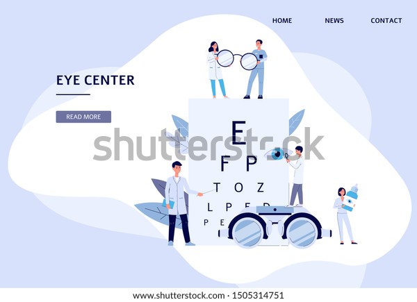 Eye center - flat landing page banner\
for ophthalmologist doctor clinic with cartoon optometry team\
holding vision health diagnostic tools. Vector\
illustration