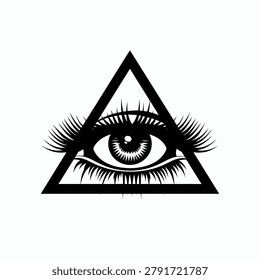 An eye, centered within a black equilateral triangle, dominates the composition, set against a stark white backdrop. The graphic employs bold lines, conveying a sense of definition and visual impact. The artwork features strong contrast, making it suitable for a variety of designs, including graphic design, editorial uses, and other projects.