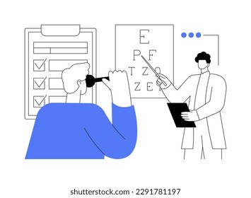 Eye chart abstract concept vector illustration. Patient taking eye exam during ophthalmologist visit in hospital, common medical procedures, ophthalmology sector, vision check abstract metaphor.