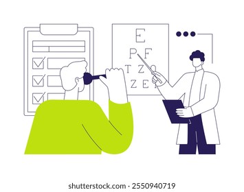 Eye chart abstract concept vector illustration. Patient taking eye exam during ophthalmologist visit in hospital, common medical procedures, ophthalmology sector, vision check abstract metaphor.