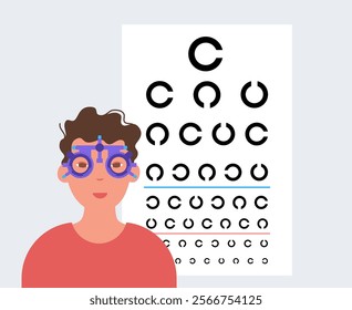 Eye chart, measuring visual acuity landolt c ring, Japanese vision test with ophthalmic trial frame. Optometry examining. Screening persons for vision impairment. Vision checkup vector illustration