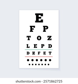 Eye chart, measuring visual acuity comprising lines of optotypes in ranges of sizes with letters or symbols. Optometry examining. Screening persons for vision impairment. Human vision test vector.