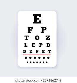 Eye chart, measuring visual acuity comprising lines of optotypes in ranges of sizes with letters or symbols. Optometry examining. Screening persons for vision impairment. Human vision test vector.