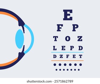 Eye chart, measuring visual acuity comprising lines of optotypes in ranges of sizes with letters or symbols. Optometry examining. Screening persons for vision impairment. Human vision test vector.