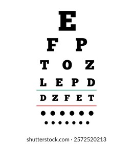 Eye chart, measuring visual acuity comprising lines of optotypes in ranges of sizes with letters or symbols. Optometry examining. Screening persons for vision impairment. Human vision test vector.