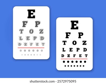 Eye chart, measuring visual acuity comprising lines of optotypes in ranges of sizes with letters or symbols. Optometry examining. Screening persons for vision impairment. Human vision test vector.