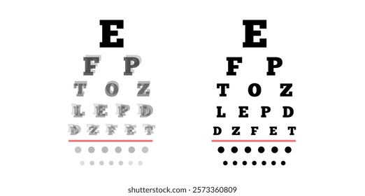 Eye chart, measuring visual acuity comprising lines of optotypes in ranges of sizes with letters or symbols. Optometry examining. Screening persons for vision impairment. Human vision test vector.