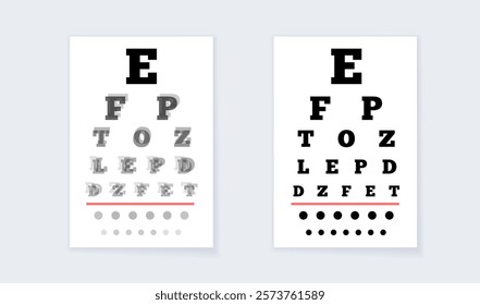 Eye chart, measuring visual acuity comprising lines of optotypes in ranges of sizes with letters or symbols. Optometry examining. Screening persons for vision impairment. Human vision test vector.