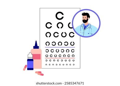 Eye chart, measuring visual acuity landolt c ring, Japanese vision test with ophthalmic trial frame. Optometry examining. Screening persons for vision impairment. Vision checkup vector illustration