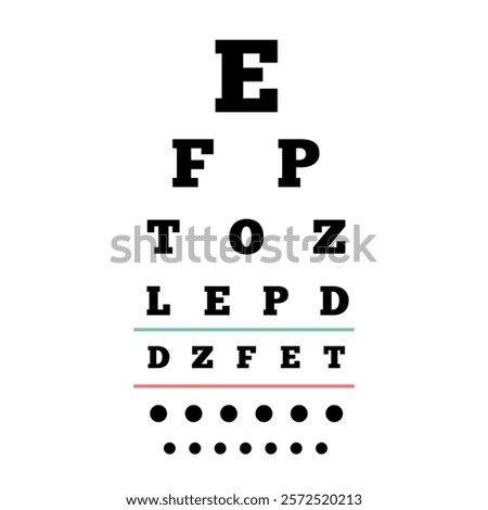 Eye chart, measuring visual acuity comprising lines of optotypes in ranges of sizes with letters or symbols. Optometry examining. Screening persons for vision impairment. Human vision test vector.