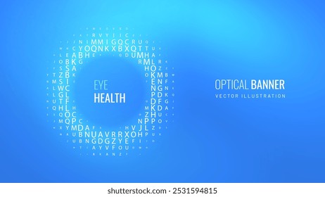 Quadro de verificação ocular para visão de avaliação em banner de luz digital. Efeito em letras circulares, silhueta retina, teste para oftalmologia diagnóstica - poster futurista vetorial