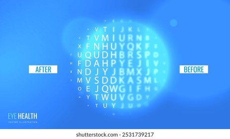 Quadro de verificação ocular para visão de avaliação em banner de luz digital. Efeito redondo em letras, olho de silhueta, diagnósticos oftalmológicos - vetor poster futurista