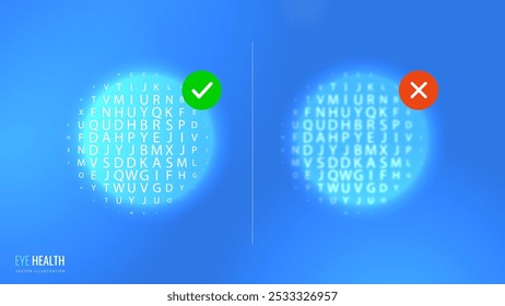 Eye check board for assessment sight in digital light banner. Round effect in letters, silhouette eye, ophthalmology diagnostics - vector futuristic poster