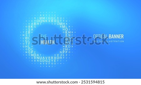 Eye check board for assessment sight in digital light banner. Effect in circle letters, retina silhouette, test for diagnostic ophthalmology - vector futuristic poster