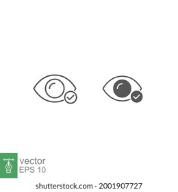 Línea de marca de verificación ocular e icono de glifo. Ojo humano con marca de verificación. Órgano visual sano. Acceso ocular para la seguridad biométrica del escáner de vigilancia Signo. Ilustración vectorial. Diseño en fondo blanco. EPS 10