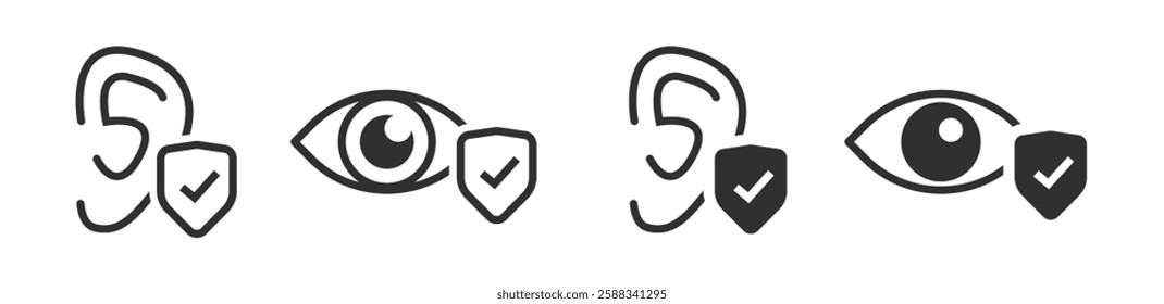 Eye check protect shield icon, ear hear deaf prevention vector sign symbol line stroke outline art simple minimal pictogram illustration set, eyesight loss safe guard logo, vision security health care