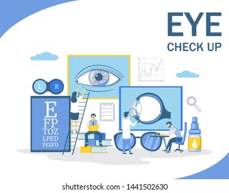 Eye check up, vector flat illustration. Ophthalmologist eyesight examination, vision test and correction. Eye health concept with tiny characters and oculist equipment for web banner, website page etc