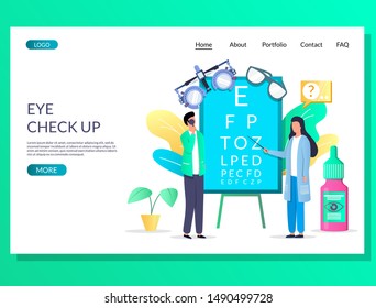 Eye check up vector website template, web page and landing page design for website and mobile site development. Ophthalmologist eyesight examination, vision testing concept.