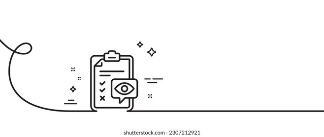 Das Symbol der Augenteckliste. Kontinuierlich eine Linie mit curl. Okulistisches Klinikzeichen. Kontrollsymbol für die Optometrie. Augscheckliste mit einem Rahmenband. Loop-Kurve Muster. Vektorgrafik