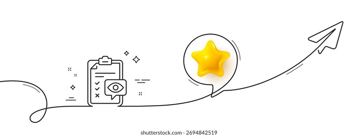 Ícone de linha da lista de verificação dos olhos. Linha contínua com plano de compartilhamento. Sinal de clínica ocullista. Símbolo de verificação da visão optométrica. Estrela 3d no balão de fala. Faixa de opções de linha única da lista de verificação do olho. Padrão de curva de loop. Vetor