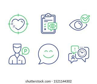 Eye checklist, Valet servant and Heart target line icons set. Check eye, Smile chat and Time management signs. Optometry, Parking man, Love aim. Vision. People set. Vector