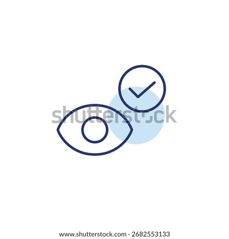 Eye and checkmark. Successful sight exam, turn on visibility. Pixel perfect, editable stroke vector icon
