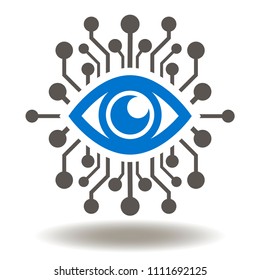Eye Circuit Icon Vector. AI Illustration. Smart Machine Computing Learning Network Digital Logo. Big brother electronic eye concept, technologies for the global surveillance symbol.