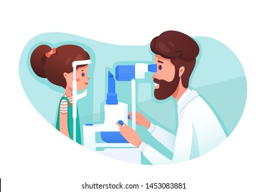 Eye Clinic Appointment Flat Vector Illustration. Optometrist Checking Kid Eyesight With Spectacles Medical Equipment. Girl Cartoon Character At Ophthalmology Hospital Isolated Clipart