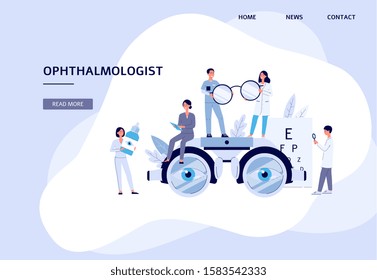 Eye Clinic Banner - Doctor And Nurse Team With Sight Diagnostic And Treatment Equipment - Cartoon People In Medical Uniform Holding Glasses, Eye Drops, Test Chart - Flat Vector Illustration