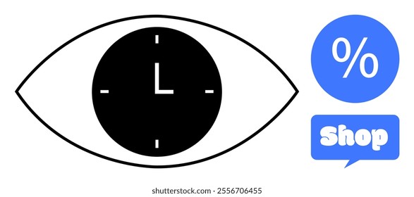 Eye with a clock in the center next to a blue speech bubble containing a percent symbol, and the word shop Ideal for time management ecommerce discounts promotions online shopping and sales
