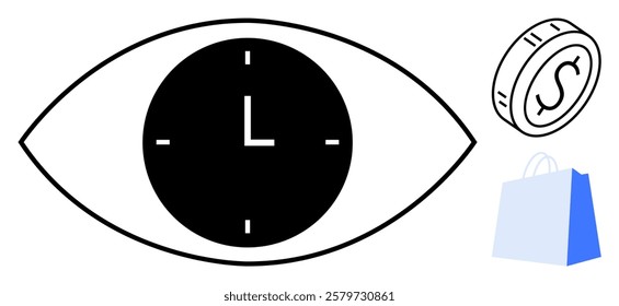 An eye with a clock, a dollar coin, and a shopping bag. Ideal for time management, e-commerce, finance, productivity, and business. Simple clean style