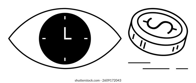 Eye with a clock for a pupil and a coin with a dollar sign symbolize time and moneys relationship. Ideal for finance, time management, productivity, investment, financial planning, budgeting
