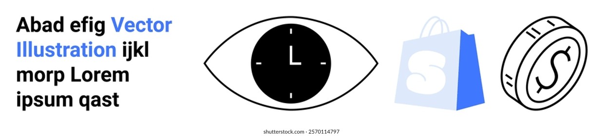 Eye with a clock, shopping bag with an S, and a coin. Ideal for time management, retail, online shopping, financial planning, and digital applications. Landing page