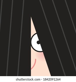 Eye close up. Curious Girl Looking At Someone Or Something Through Her Thick Black Hair Concept Card Character illustration