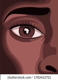 Eye close up of young sad black woman with reflection in pupil shaped like the African continent