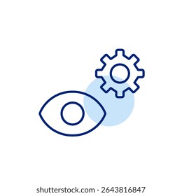 Eye and cogwheel. Vsion settings, visual system configuration, accessibility options, eye-tracking controls, display optimization. Pixel perfect, editable stroke vector icon