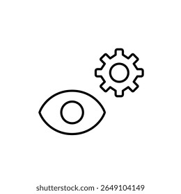 Eye and cogwheel. Vsion settings, visual system configuration, accessibility options, eye-tracking controls, display optimization. Pixel perfect, editable stroke vector icon