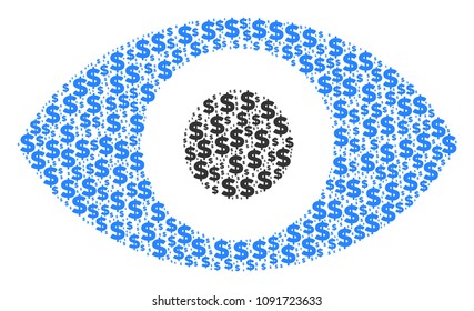 Eye collage of dollars and round spots. Vector dollar currency pictograms are composed into eye shape.