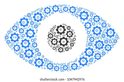 Eye composition of gear elements. Vector gear symbols are grouped into eye pattern.