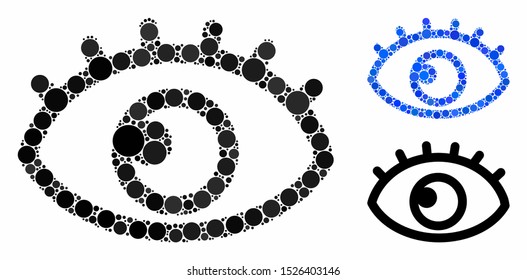 Eye composition for eye icon of small circles in different sizes and color hues. Vector filled circles are combined into blue composition. Dotted eye icon in usual and blue versions.