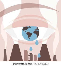 An eye conceptualised as planet earth sheds tears as a result of pollution.Conceptual illustration for global warming