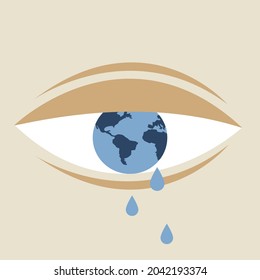 Un ojo conceptualizado como planeta tierra derrama lágrimas.Ilustración conceptual para el calentamiento global