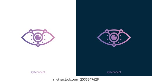 Logotipo de Eye Connect. Conexiones de lentes y puntos con estilo moderno. Logotipo de Visión Tech, símbolo de ícono, Vector, Inspiración de diseño.